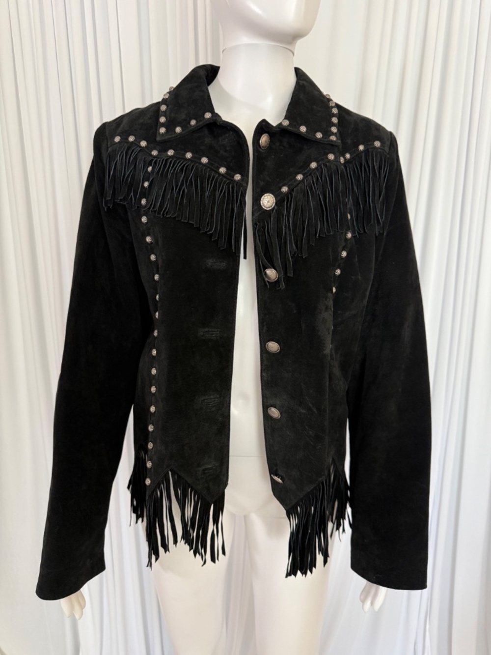 Saguaro Black Suede Leather Fringe Western Jacket | Red Satin Lining | Size L - Picture 12 of 16